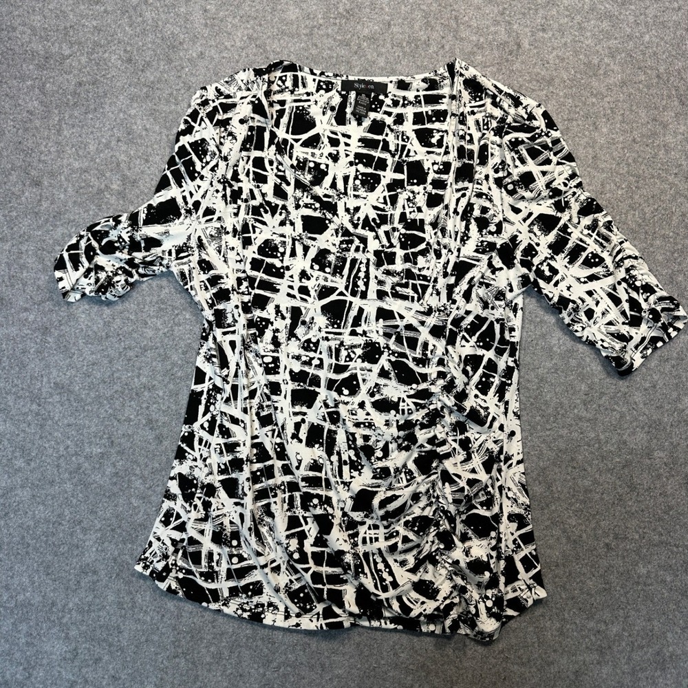 Style & Co Abstract Print Faux Wrap Top XL Black White Ruched Stretch Polyester